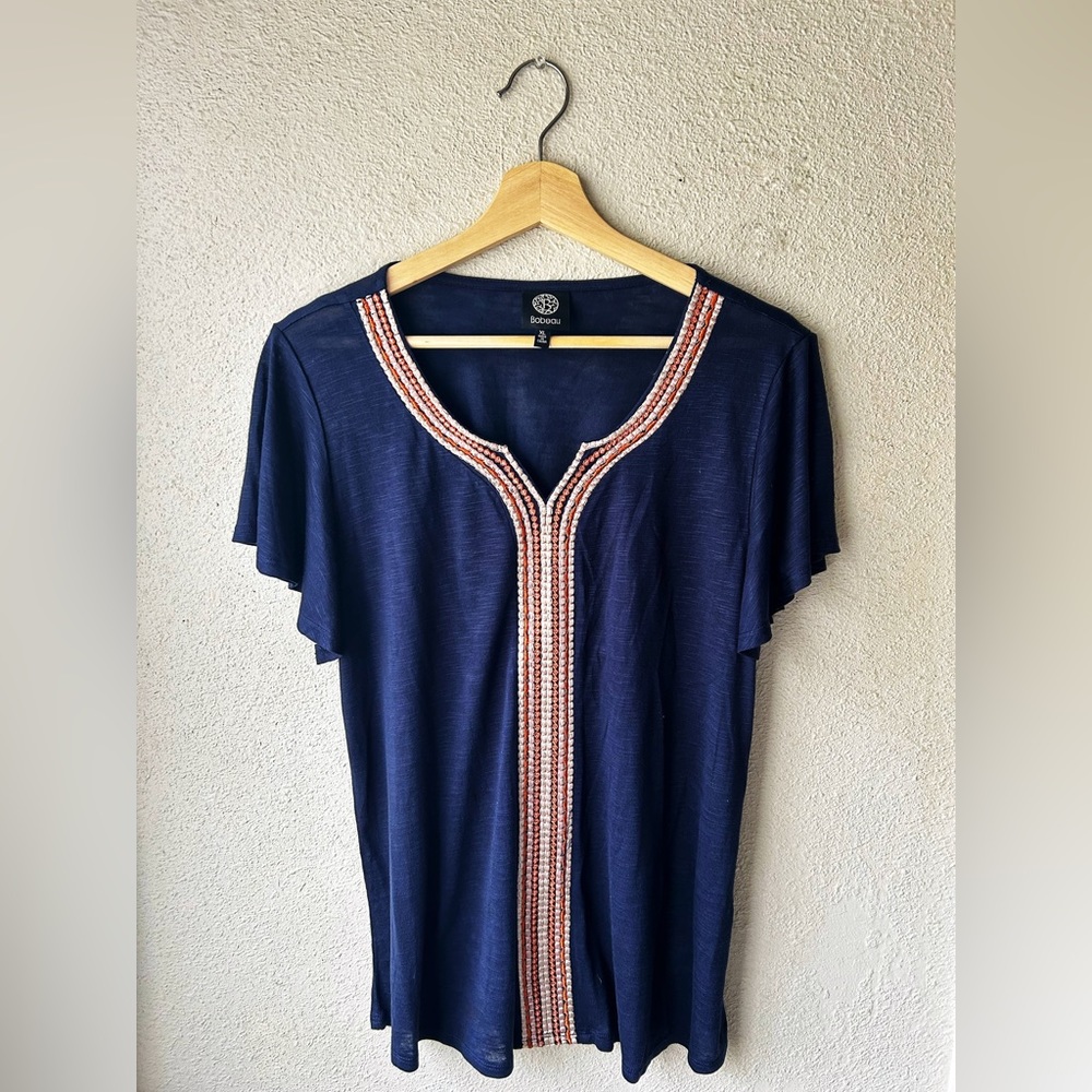 Bobeau navy blue shirt sleeve top with boho details